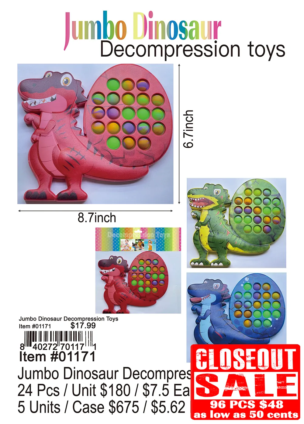 Jumbo Dinosaur Decompression Toys - Closeout 96 Pcs.